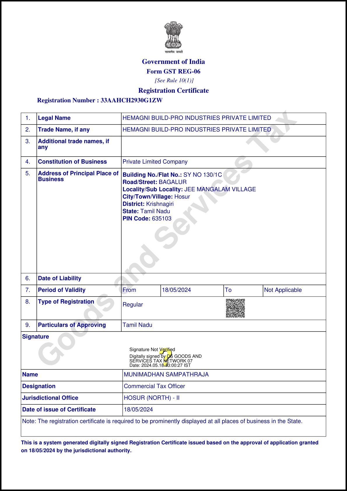 GST Registration Certificate 33AAHCH2930G1ZW - Hemagni Build Pro